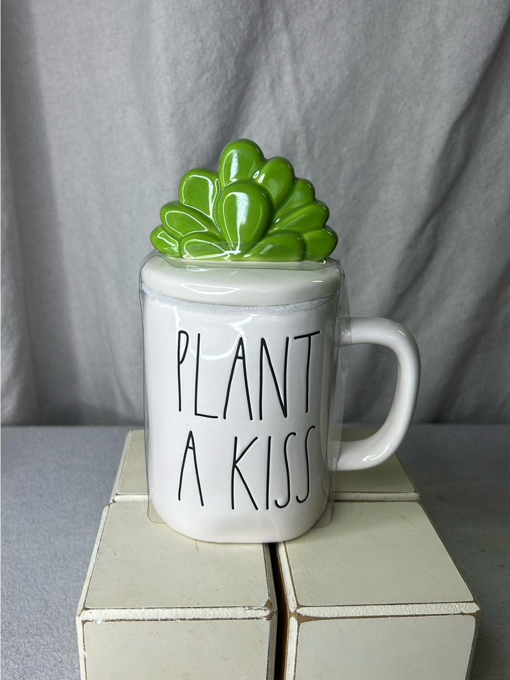 Rae Dunn White Mug with Green Succulent Lid - PLANT A KISS